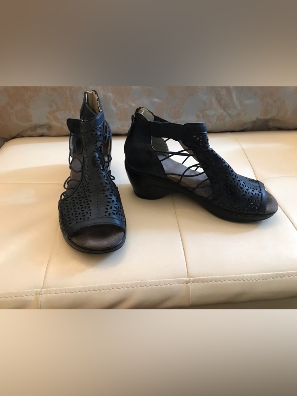 Blue Laser-Cut Lace-Up Low Heel Sandals